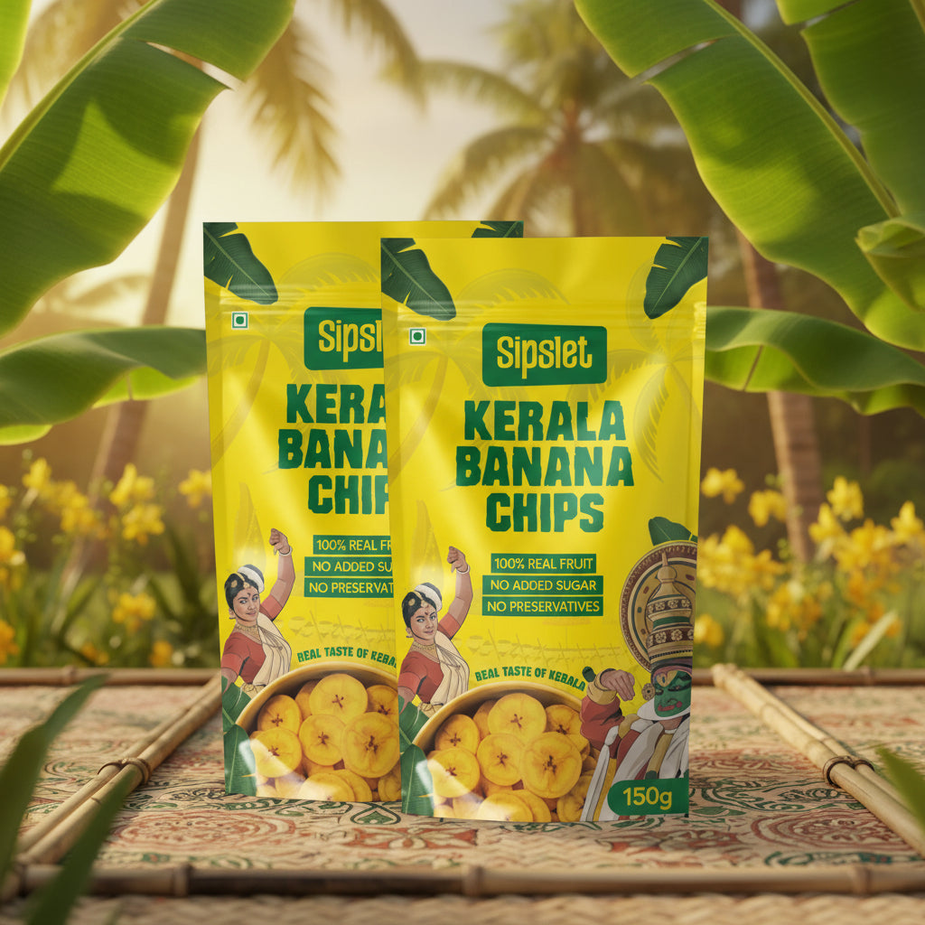 Packaging of Kerala Banana Chips with Sipslet branding on a white background