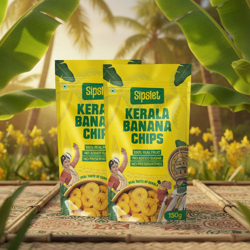Packaging of Kerala Banana Chips with Sipslet branding on a white background